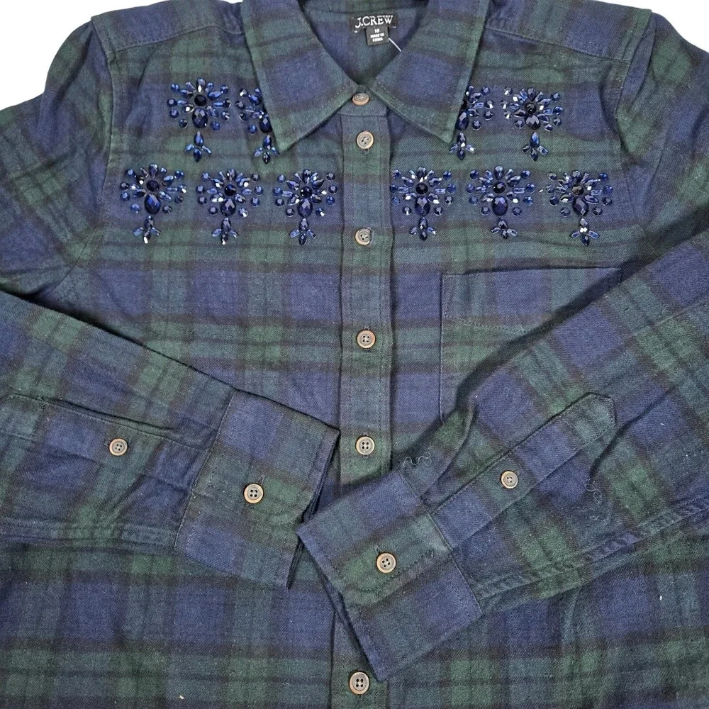 J Crew Womens Plaid Flannel Shirt Blue Green Beaded Embellished Button‎ Down 10